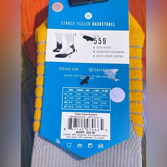 Stance Fusion Basketball Fit No 559 NBA Indiana Pacers Crew Socks Large 9-12 NEW - Picture 3 of 8